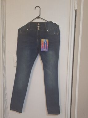 Dark Blue High-Rise Skinny Jeans with Triple Button Waist